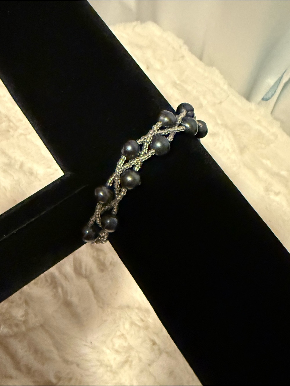 Black Faux Pearl Silver Seed Bead Woven Statement Bracelet